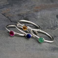 Gemstone Birthstone Stacking Rings Sterling Silver Custom Personalized 4mm Jewel Stackable Birth Sto