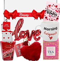 valentine's day gift hamper with coffee mug, heart balloon and other items