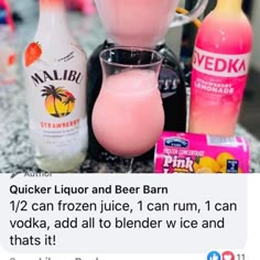 a bottle of pink lemonade next to some drinks