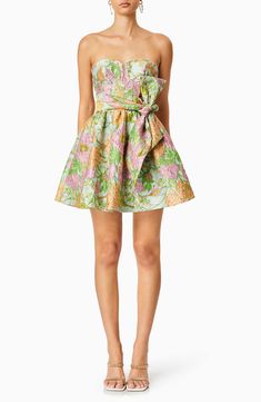 Elliatt Jetset Floral Jacquard Strapless Minidress | Nordstrom Mini Dresses Formal Floral, Jacquard Fitted Ruffle Hem Strapless Mini Dress, Sheer Gown, Flared Mini Skirt, Mini Dress Formal, Grad Dresses, Floral Jacquard, Natural Curves, Strapless Mini Dress