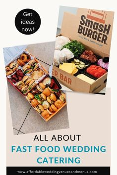 an advertisement for a fast food wedding catering event with images of sandwiches and burgers