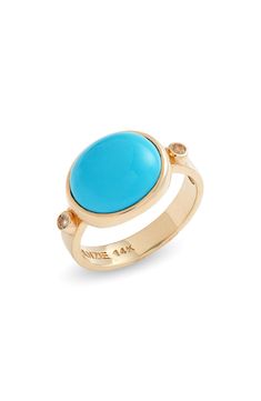 A smooth semiprecious stone flanked by two sparkling diamonds brings delightful color to this delicate ring handcrafted in 14-karat gold. Total diamond weight: 0.06ct. Color: G–H Clarity: SI2 14k gold/chrysoprase or turquoise/diamond Made in Canada Ring Jewellery Design, Turquoise Gold Ring, Gold Ring Designs, Ring Watch, Oval Ring, Pretty Jewelry, Oval Rings, Turquoise Rings, Rocks And Gems