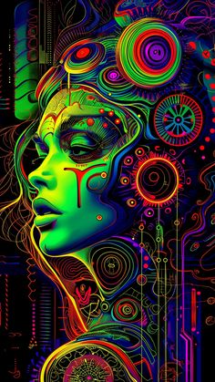 a woman's face is shown with colorful lines and circles in the shape of her head