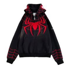 Elevate your style with the Spiderman Full Zip Hoodie, available in classic black, bold red, and crisp white. This hoodie showcases a Y2K-inspired spiderweb embroidery, adding a unique touch to your ensemble. Crafted from premium materials, it offers both comfort and durability. Whether you&#039;re a Spidey fan or simply appreciate standout fashion, this hoodie is a must-have addition to your collection. Shop now and let the Spiderman Full Zip Hoodie swing into your wardrobe. Stand out an... Spider Man Sweater Y2k, Spiderman Zip Up Hoodie, Spiderman Hoodie Diy, Red Hooded Hoodie With Double-lined Hood, Red Hooded Cotton Sweatshirt, Red Double-lined Hoodie, Red Cotton Hooded Sweatshirt, Red Sweater For Fall Streetwear, Red Hooded Sweatshirt With Double-lined Hood