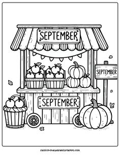 Immerse your little ones in the colorful essence of the harvest season as they bring to life a charming market stall brimming with juicy apples, vibrant pumpkins, and golden corn, all adorned with a cheerful September sign. Hello September Coloring Page, Pages For Coloring, September Colouring Pages, September Coloring Sheets, Fall Colouring Printables, Coloring For Kids Free Printables, Free Digital Coloring Pages, September Coloring Pages Free Printable, Fall Printables Free Kids