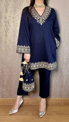 Navy Cotton Kashmiri Co-ord Set Co-ord Set Embroidery Work Dress Co Ord Sets Heavy Suits Ethnic Dress - Etsy United Arab Emirates Co Ords Outfits Indian, Heavy Suits, Velvet Suit Design, Velvet Dress Designs, Pakistani Fashion Casual