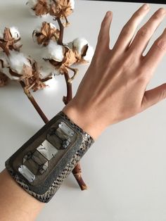 Leather embellished cuff bracelet. Handmade piece. Button closure. Bracelet Handmade, Arm Band, Cuff Bracelet, Cuff Bracelets, Jewelry Bracelets, Bangles, Cuff, Ships, Bracelet