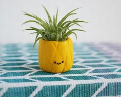 a pineapple planter with a smiley face drawn on it's side sitting on a table