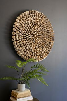 a wall decoration made out of wood sticks on a gray wall next to a potted plant