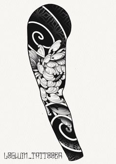 a black and white drawing of a tattoo with flowers on the arm, in an ornate pattern