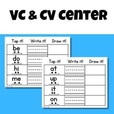 two worksheets with the words vc and cv center in black on blue background