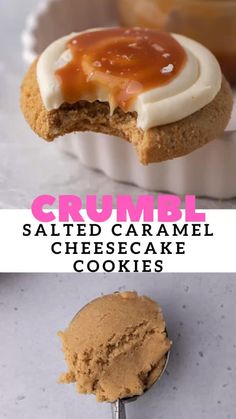 some cookies with caramel on them and the words crumbl salted caramel cheesecake cookies