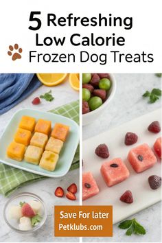 five different frozen dog treats with the title saying 5 refreshing low calorie frozen dog treats