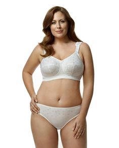 Our Super Curves Jacquard Bra offers amazing support and customization! With a 3-piece cup, full cup sling, custom buckle-straps, movable pads and two-ply high-power back for a smooth fit - this bra is perfect for everyday wear. Plus the jacquard fabric blends style and function to keep you looking great all day long! Elila Elila Women's  Super Curves Full Coverage Softcup Bra | White | Intimates | Materials & Care Instructions: ['50% Nylon, 100% Polyester', 'Hand wash', 'Imported'] Shoulder Strain, Bra Video, Big Bra, Support Bra, Lingerie Drawer, Full Coverage Bra, Support Bras, Full Figured, Amazon Women