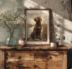 a painting of a dog sitting on top of a dresser