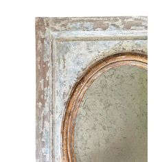 A gorgeous, large distressed gilded French mirror. Features a spandrel/oval inset frame finished in distressed gray, white & gray-blue tones. A git detail is present to the oval inset. Accented with an antiqued mirror glass. A contemporary piece without a makers mark. Antique Mirror Glass, Antiqued Mirror, Trumeau Mirror, French Mirror, Brass Mirror, Mirror Glass, Antique Mirror, Blue Tones, Glass Mirror