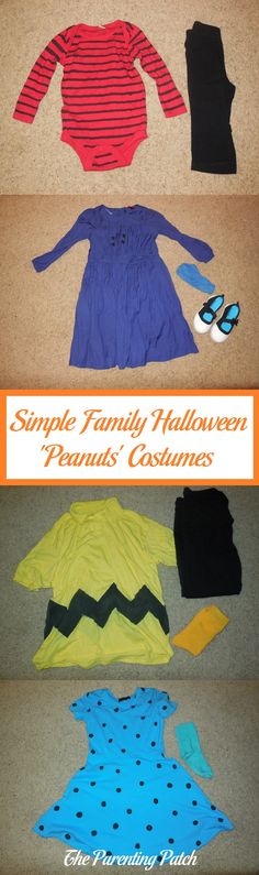 three different types of clothes on the floor with text overlay that reads simple family halloween pants costumes