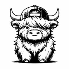 a black and white drawing of a buffalo wearing a baseball cap with horns on it's head