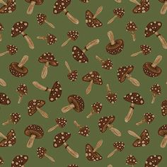 a green background with brown mushrooms on it