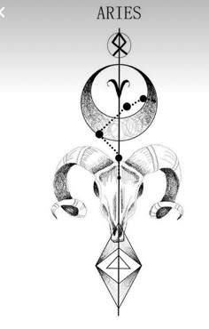 the aries zodiac sign is shown in black and white, with an artistic design