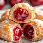 several pastries on a plate with cherries in the background