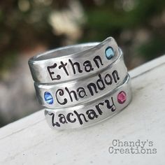 "Chandy's Creations-3-Names-Birthstones-Solid WRAP Ring-Mother's-Ring-Stacked-Rings-Present-Gift-Band-Customized-Thumb-Pinky-Hammered-Set-Three-Aluminum-Stamped Please read the shop Announcement for current and important information prior to purchase. WELCOME TO CHANDY'S CREATIONS! I am so happy you found my little shop Feel free to browse my other listings. I offer a wide range of Handmade items such as personalized Rings, Wearable Wire Art, Spoon Jewelry, Customized Flatware, Keychains, Rememb Adjustable Silver Ring For Birthday, Stamped Adjustable Jewelry For Personalized Gifts, Adjustable Stamped Jewelry For Personalized Gifts, Customizable Adjustable Silver Jewelry, Adjustable Hand Stamped Jewelry For Birthday, Silver Hand Stamped Jewelry For Birthday, Birthday Hand Stamped Silver Jewelry, Adjustable Hand Stamped Jewelry For Anniversary, Hand Stamped Adjustable Jewelry For Anniversary