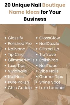 Looking for the perfect name for your nail boutique? Check out these fresh, catchy, and creative ideas! Whether you're going for a chic, luxurious, or fun vibe, these short and memorable names will help your business stand out. Perfect for salons, spas, or mobile nail services. Choose a name that reflects your style and attracts your ideal clientele!  #NailBoutique #BusinessNames #CreativeBranding #NailSalon #BeautyBusiness #SmallBusiness #Entrepreneur #StartupNames #NailArt #ChicNails #BusinessIdeas #BoutiqueBranding #SalonOwner #NailTech Business Names For Nails, Username Ideas For Nail Page, Nail Bussines Name Ideas, Name Ideas For Nail Business, Nails Salon Names Ideas, Names For Nail Business, Nail Username Ideas, Nail Name Logo, Nail Salon Names Ideas Unique