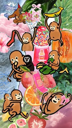 an image of some fruit and animals on a table with pink flowers in the background