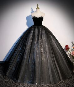 Black tulle long A-line ball gown formal gown · Little Cute · Online Store Powered by Storenvy Black Sequin Prom Dress, Quinceanera Dresses Black, Corset Ball Gowns, Sweetheart Homecoming Dress, Gown Plus Size, Sweetheart Prom Dress, Quinceanera Dress, Fairytale Dress, Black Tulle