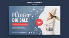 a winter sale banner with a woman wearing a knitted hat and scarf on it