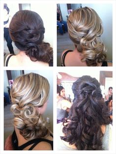 four pictures of different styles of hair in various stages of being styled by a woman