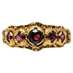 14k yellow gold ring. This ornate ring is a band style set with graduated, round-faceted, medium to dark color garnets, approximately 0.38 TCW, decorated with an ornamented pierced frame. Marks: 14k Dimensions: 9/16" across the top x 9/32" wide Weight: 1.5 gross dwt ring size: 6 Garnet Antique Ring, Ornate Ring, Antique Wedding Rings, Antique Wedding, Nature Inspired Jewelry, Jewelry Lookbook, Home Run, Dark Color, Inspired Jewelry