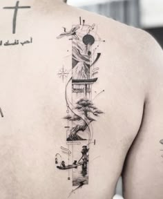 the back of a man's upper half with tattoos on his left shoulder and chest