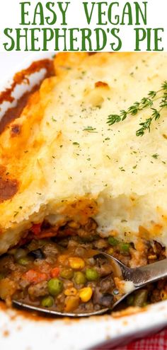 an easy vegan shepherd's pie on a white plate with a red checkered tablecloth