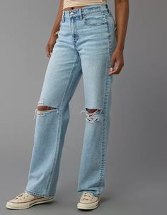 AE Strigid High-Waisted Stovepipe Ripped Jean Cheap High-rise Relaxed Fit Jeans, Ae Strigid Mom Jeans, Stovepipe Jeans Outfit, Relaxed Fit Ripped Full-length Bottoms, American Eagle Jeans Wide Leg, American Eagle Jeans High Waisted, American Eagle 90s Straight Jeans, Outfit With Uggs, White Jeans Men