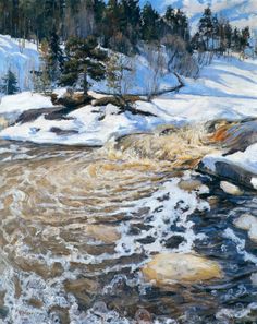 an oil painting of a stream in the snow