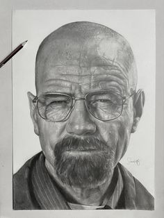 a pencil drawing of a man with glasses