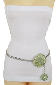 Brand New Trendy Urban Women Skinny Metal Chain Links Waistband Spring Summer Collection Ladies Fashion Style Sexy Belt - day or night classic look or party time Brand new sexy fun and edgy fashion special and unique stylish belt Ladies Fashion Fancy Casual Dressy Style BeltSpecial Style Day Night Evening Party Or Work Fashion Belt Style : Fashion / Waist or Hip Condition : Brand New Color : Silver metal chain links waistband and charm buckle + green beads and rhinestones Size: One Size Belt - A Belts Fancy Female Silver Sparkle, Cheap Chain Link Waist Chain For Party, Luxury Silver Belts For Formal Occasions, Cheap Link Jewelry For Party, Waist Corset Belt Green, Luxury Rhinestone Belts For Women, Luxury Formal Corset Belt, Luxury Designer Metallic Silver Bag, Rinstone Belts