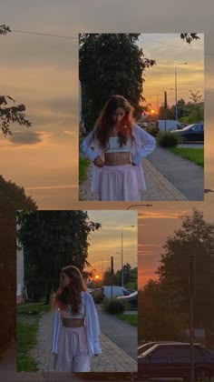 the girl is walking down the sidewalk in her white outfit at sunset, and she's looking back over her shoulder