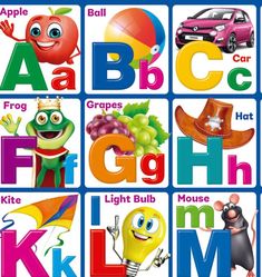 an alphabet poster with cartoon characters and letters