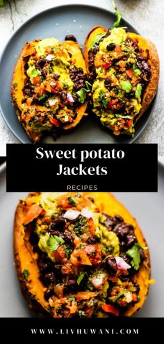 sweet potato jackets with avocado, black beans and salsa on top are shown