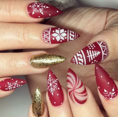 winter-nails-cute-designs-red-gold- white-glitter 7 Christmas Nail Designs - Festive nail art ideas - Allthestufficareabout Christmas Nail Designs, winter nails, Christmas nails, festive nails, acrylic nails, coffin nails, square nails, nail design, simple matte snowflake, shellac nail, nail nail design, classy nails, almond nails, round nails, short nails, long nails, burgundy nails, white nails, nail art, nail ideas, long nails, Opi nails, purple nails, gray nails, silver nails, gold nails, el Stiletto Nail Art, Elegant Nail Art, Blue Nail, Winter Nail Art, Winter Nail Designs, Trendy Nail Design