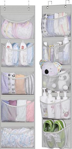 two hanging shelves with baby items and diapers in them, one is open to show its contents