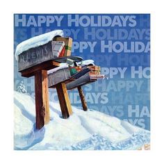 a painting of a bench with books on it in the snow and words that spell happy holidays