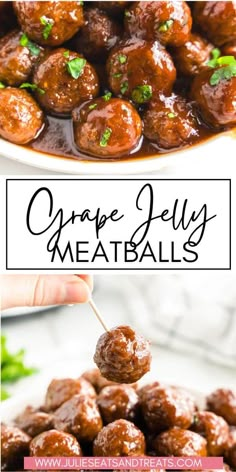 a plate full of meatballs with sauce and garnish on top, in front of the caption that reads orange jelly meatballs