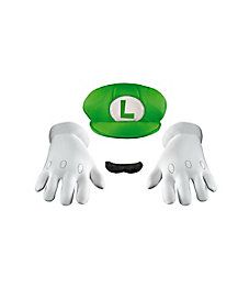 two white gloves and a green hat with the letter l on it