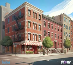 an artist's rendering of a brick building on the corner of a street with stairs leading up to it