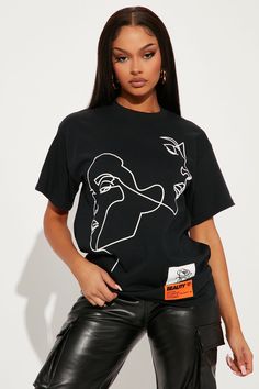 Available In Taupe And Black. T-Shirt Crew Neck Short Sleeve Front Graphic Disclaimer: Due To The Printing Process A Difference In Saturation May Occur. Each Garment Is Unique 100% Cotton Imported | Twin Flame Graphic T-Shirt in Black size Large by Fashion Nova