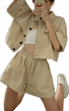 Chic Beige Cotton Sets, Spring Short Sets With Pockets, Chic Beige Sets For Day Out, Short Set For Day Out In Spring, Casual Cream Sets For Spring, Casual Short Set For Spring Day Out, Trendy Summer Sets With Wide Legs, Beige High-waisted Shorts For Spring, Trendy Beige Wide-leg Shorts