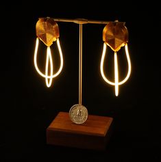 a pair of gold earrings on top of a wooden stand with a coin in the middle